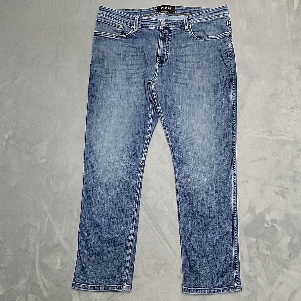 Duer Jeans Mens 38x30 Blue L2X Relaxed Taper Performance Denim Stretch Coolmax